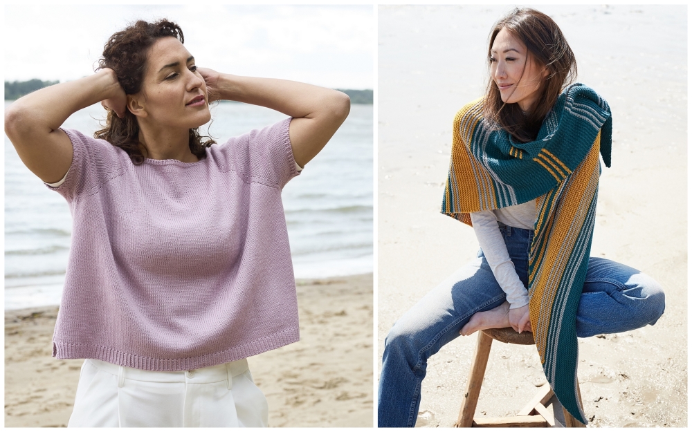 Collage with two pictures: A dark-haired woman wearing the plain knitted shirt Mengeti in pink. Next to it: A woman wearing the knitted triangular shawl Tatto with stripes in teal, yellow and grey around her neck